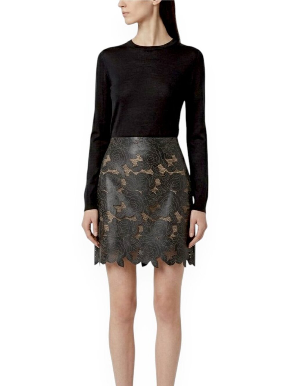 The Wrights Black Laser Cut Floral Flower Lace Look 100% Leather Skirt 10